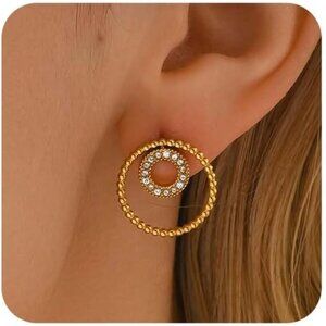 Elegant 18K Gold Plated Bubble Circle Butterfly Pearl Cubic Zirconia Stud Earrin